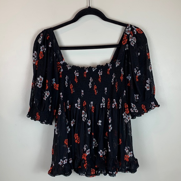 Free People Delta Dawn Floral Print Smocked Mesh Top - Picture 7 of 11